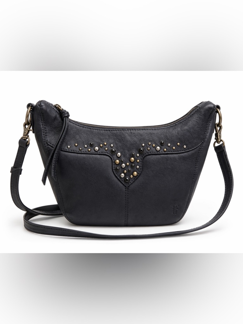 FRYE Melissa Studded Zip Crossbody Bag Leather Black/Charcoal Longhorn Western